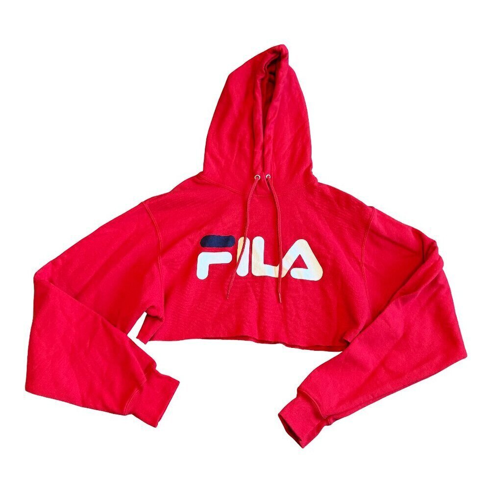 Fila Bright Red Cropped Length Logo Sweater Hoodie Hood Fleece Lined Size Small
